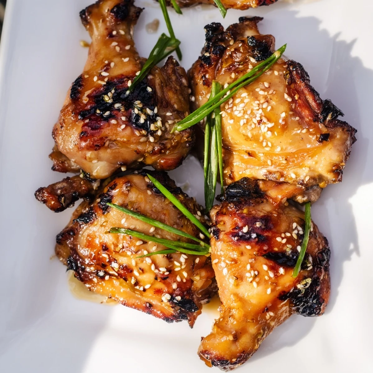 Golden-brown Huli Huli Chicken drumsticks served on a plate with fresh pineapple and sesame seeds.