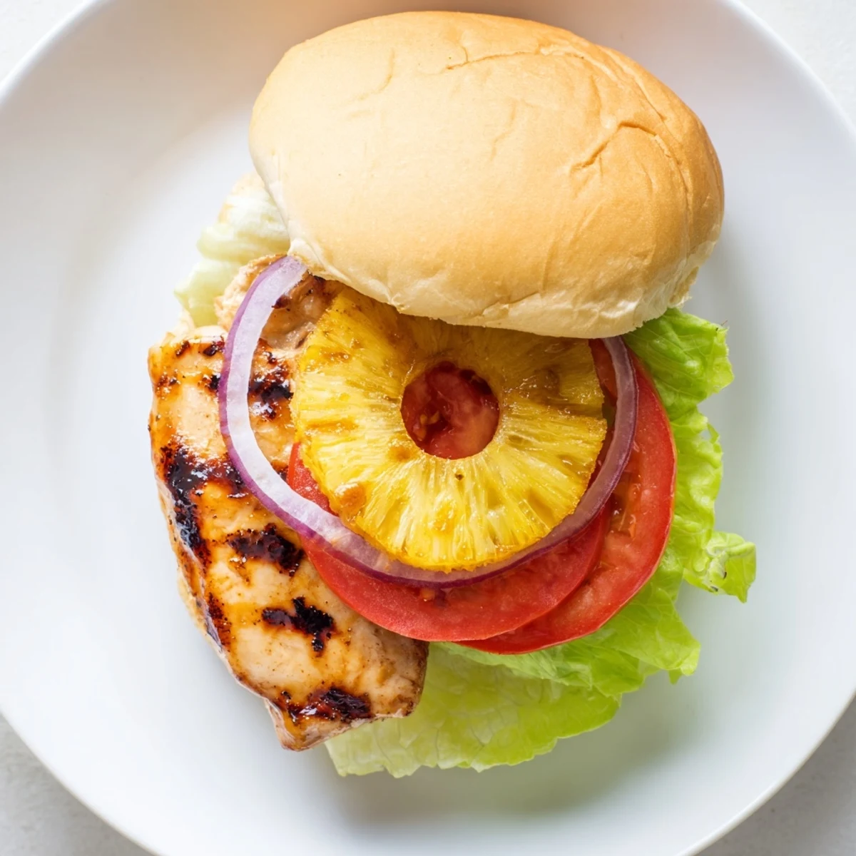 A juicy grilled Hawaiian Pineapple Chicken Burger with caramelized pineapple and teriyaki sauce on a toasted bun.