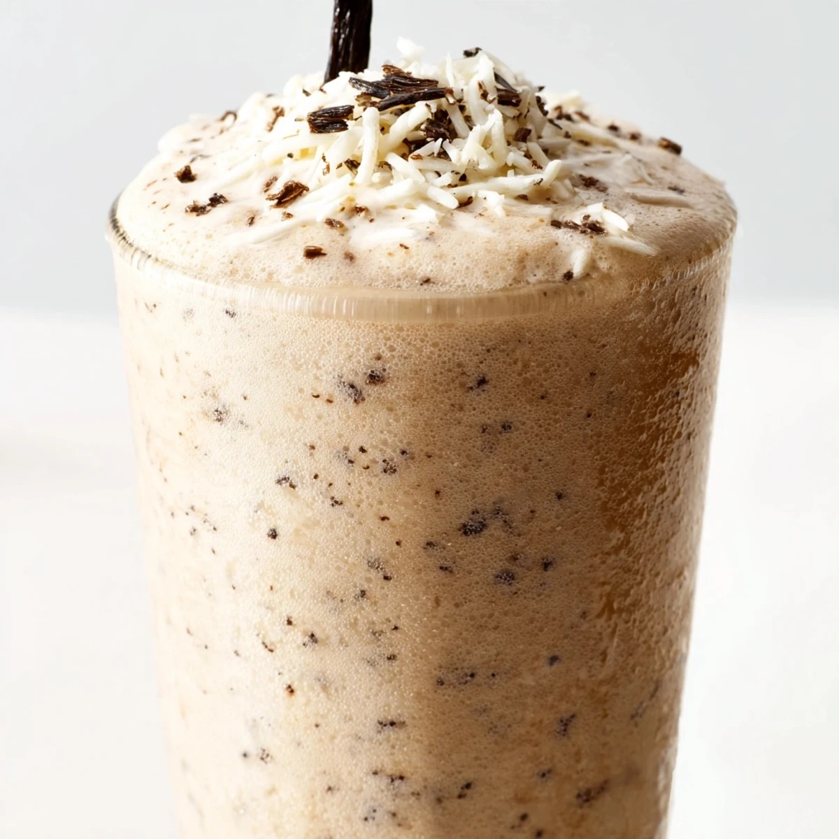 Creamy Vanilla Bean Frappuccino topped with whipped cream and white chocolate shavings in a tall glass.