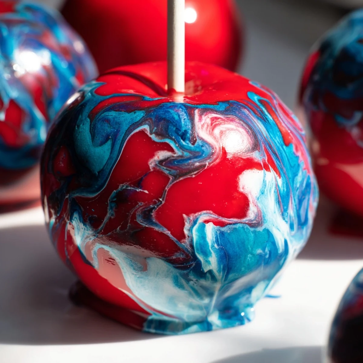 In a close-up, one Marbled Effect Candy Apple showcases a glossy, hand-swirled candy coating perfect for autumn fairs or holiday parties.
