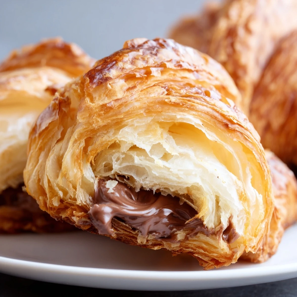 Golden, flaky Homemade Chocolate Croissants fresh from the oven on a rustic wooden board.