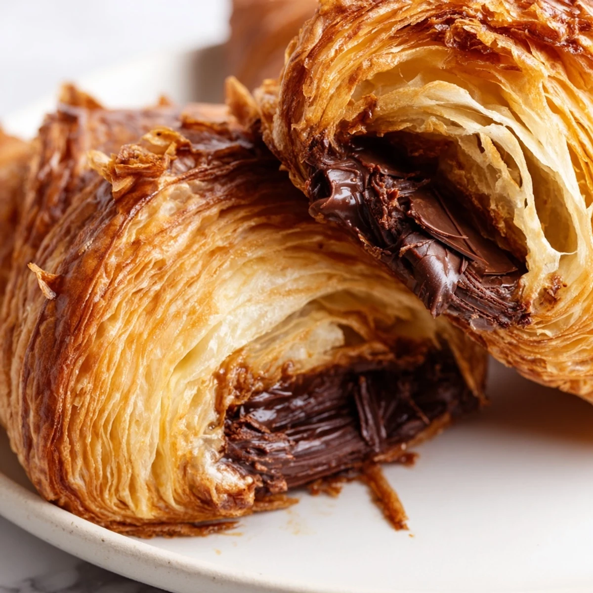 Homemade Chocolate Croissants filled with melted dark chocolate, dusted with powdered sugar.