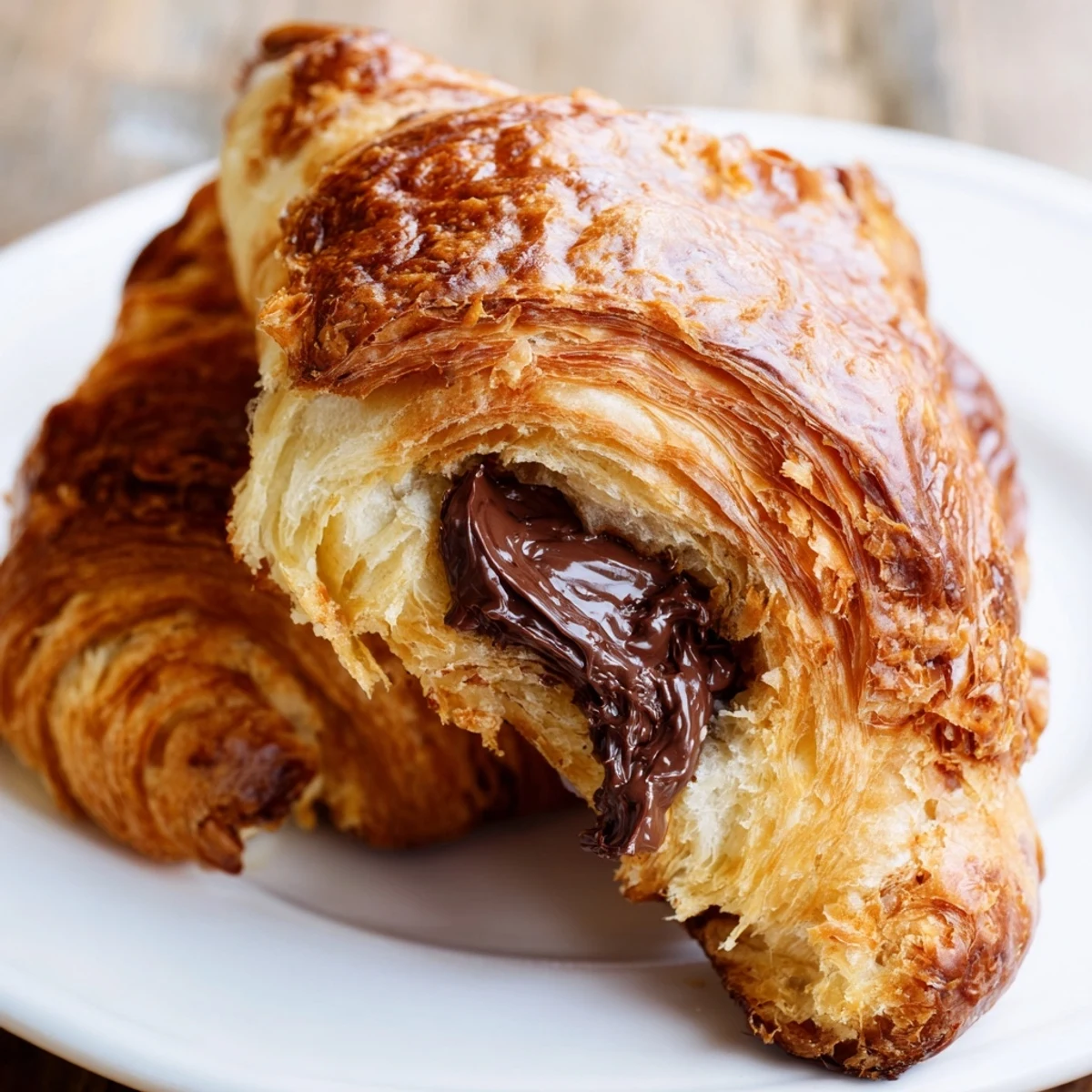 Warm Homemade Chocolate Croissants served with a steaming cup of coffee for breakfast.