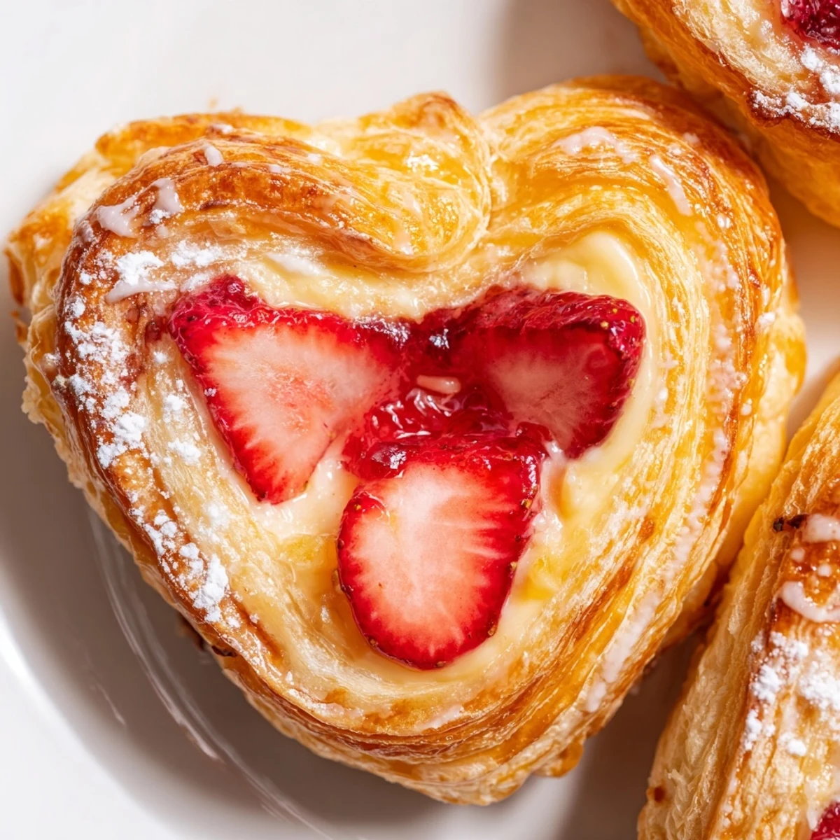 Flaky, golden Strawberry Cream Cheese Heart Danishes with a sweet glaze, served warm for a romantic breakfast.