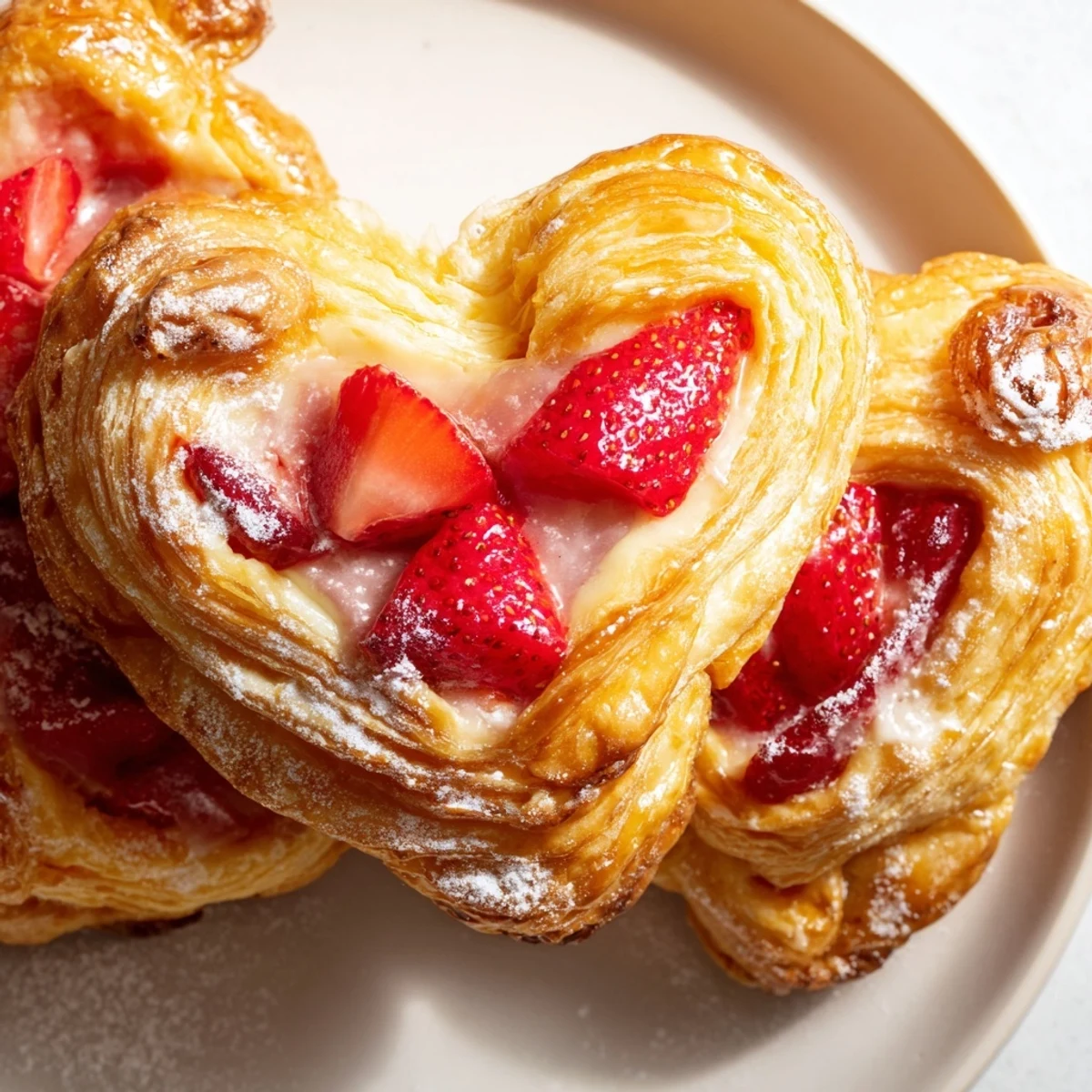 Fresh strawberry slices and cream cheese filling inside these heart-shaped Strawberry Cream Cheese Heart Danishes look inviting.