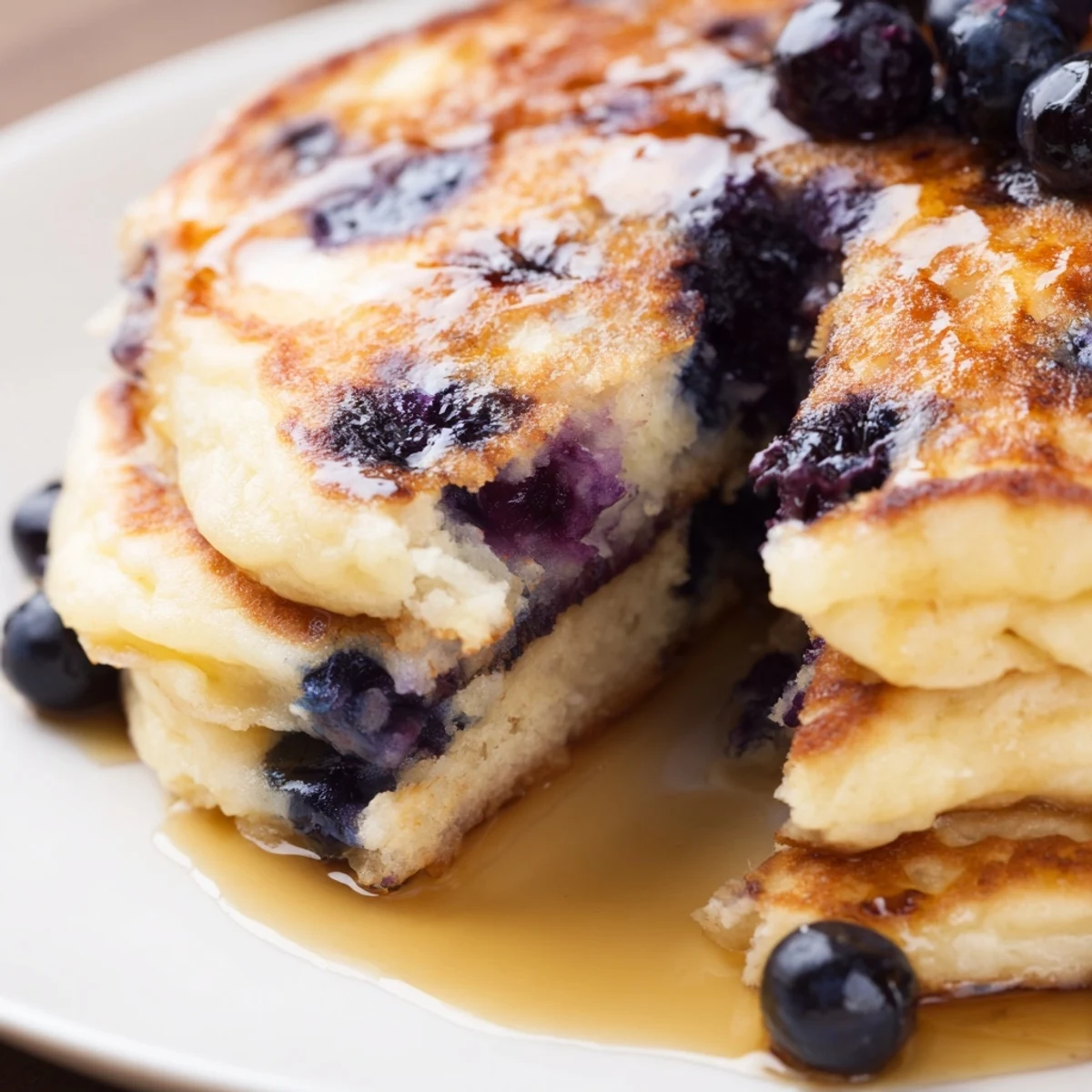 Golden brown Fluffy Greek Yogurt Blueberry Pancakes served with butter and a dollop of yogurt.