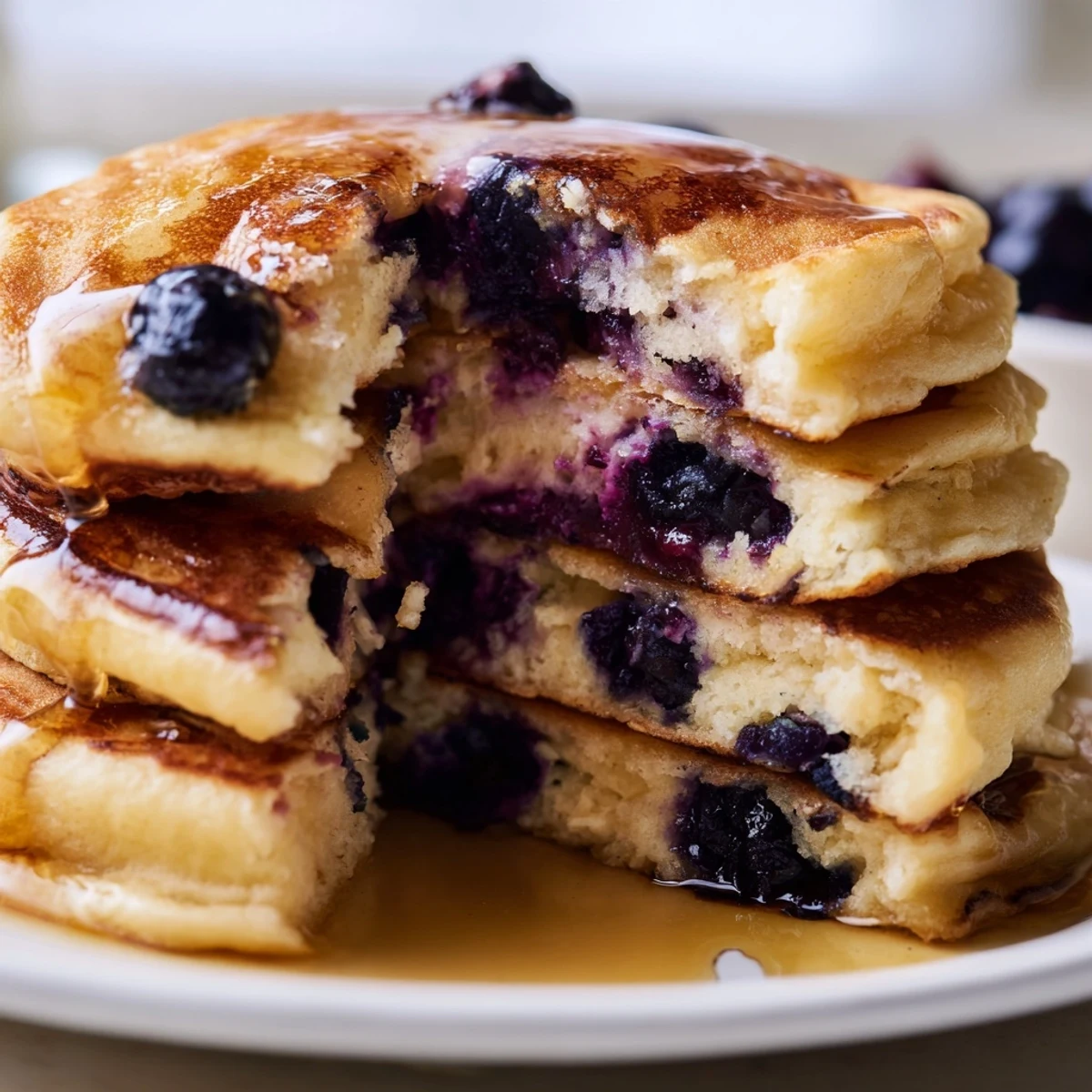 A close-up of Fluffy Greek Yogurt Blueberry Pancakes fresh from the griddle, topped with extra blueberries.