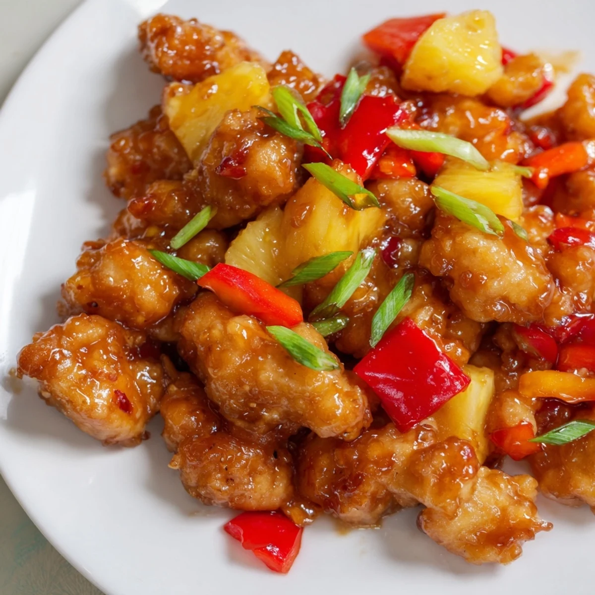 Steaming Honey Garlic Pineapple Chicken glistens with golden glaze, juicy pineapple chunks, and vibrant red bell pepper strips over white rice.