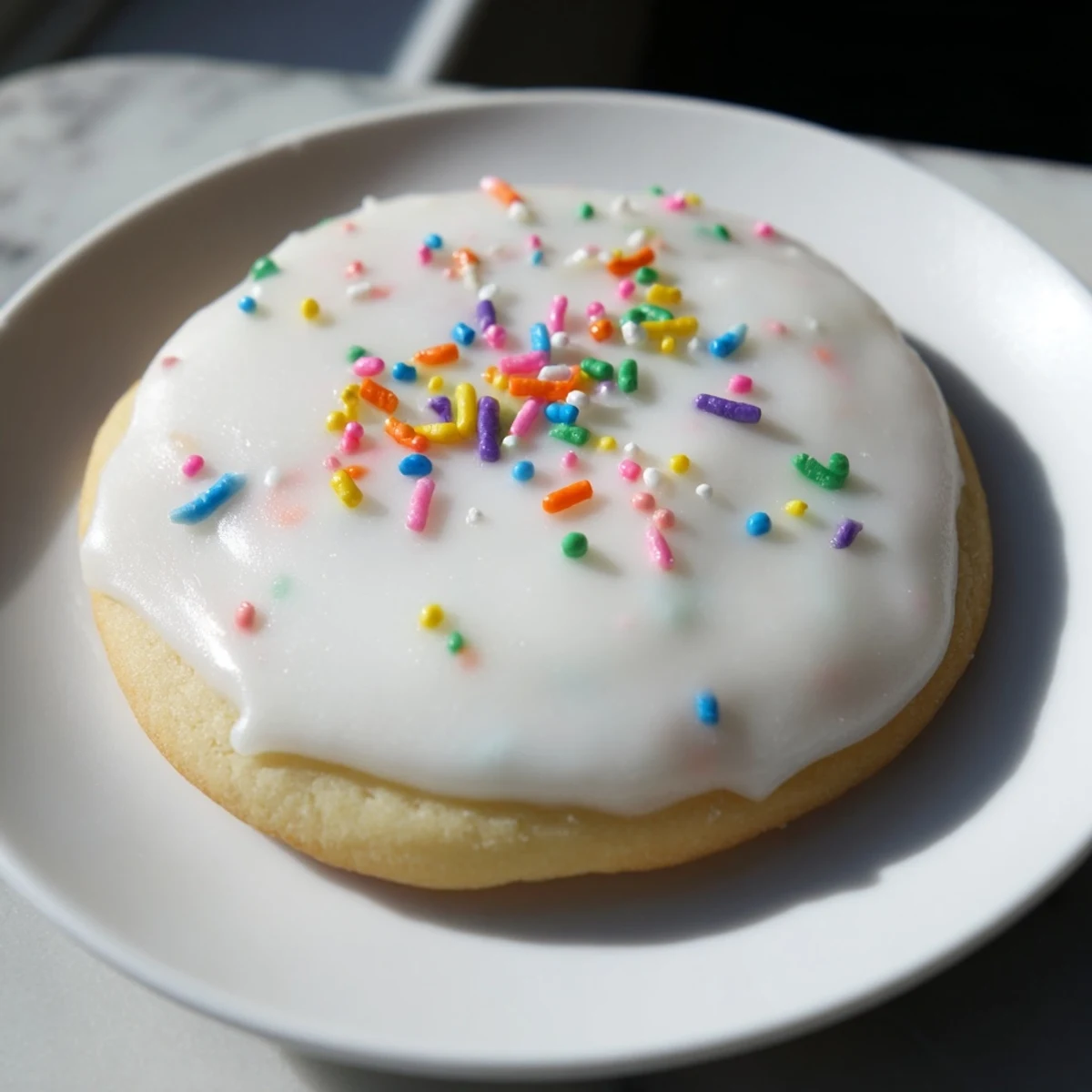 Smooth, glossy Sugar Cookie Icing drizzled over round vanilla sugar cookies on a white plate.