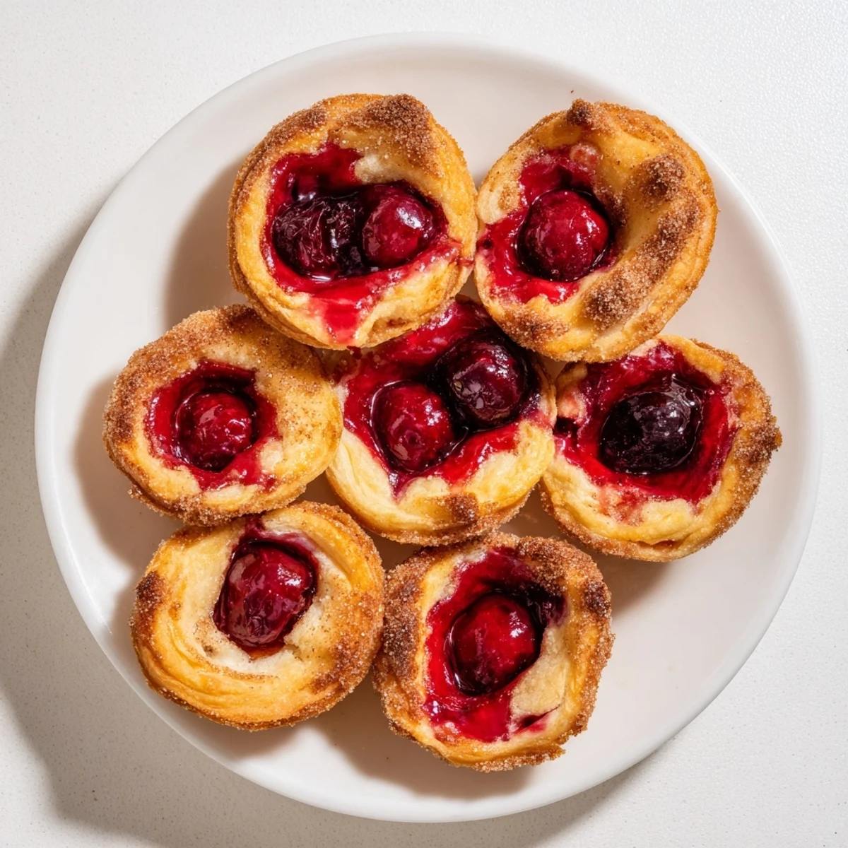 Warm Quick Cherry Pie Bites on a rustic plate, dusted with cinnamon sugar and perfect for serving at parties.