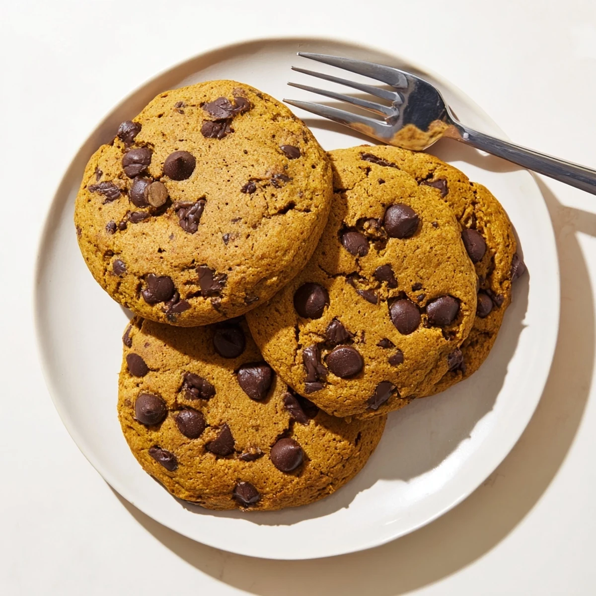 A close-up of soft Chai Spiced Chocolate Chip Cookies showcasing warm cinnamon, ginger, and cardamom spices.