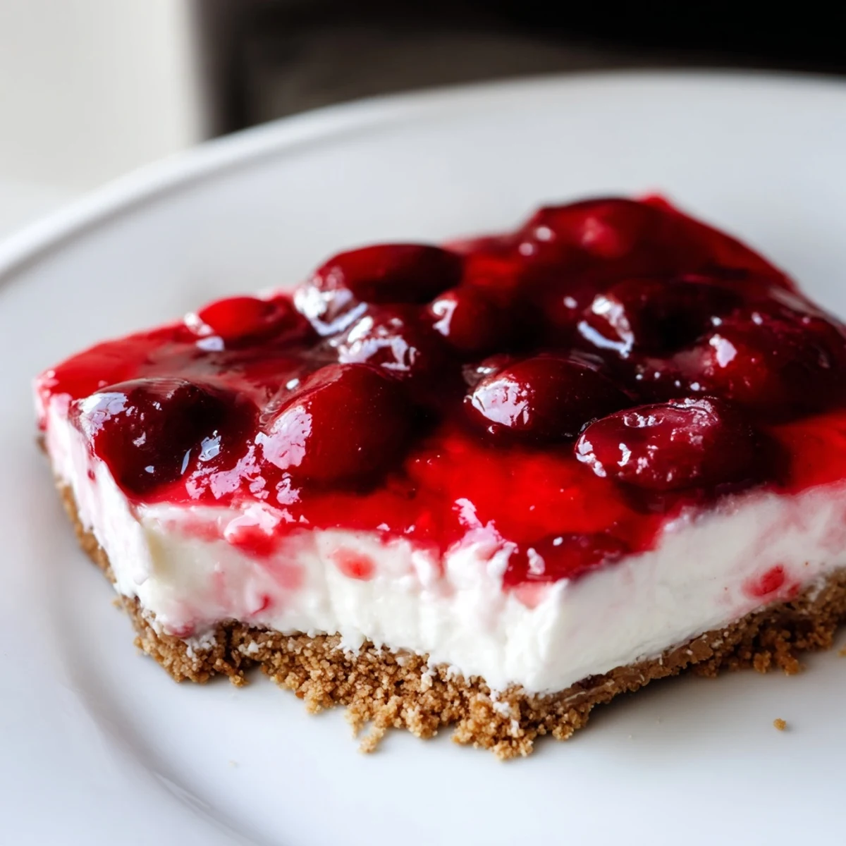A chilled slice of Classic Cherry Delight served on a white plate with a dessert fork nearby.