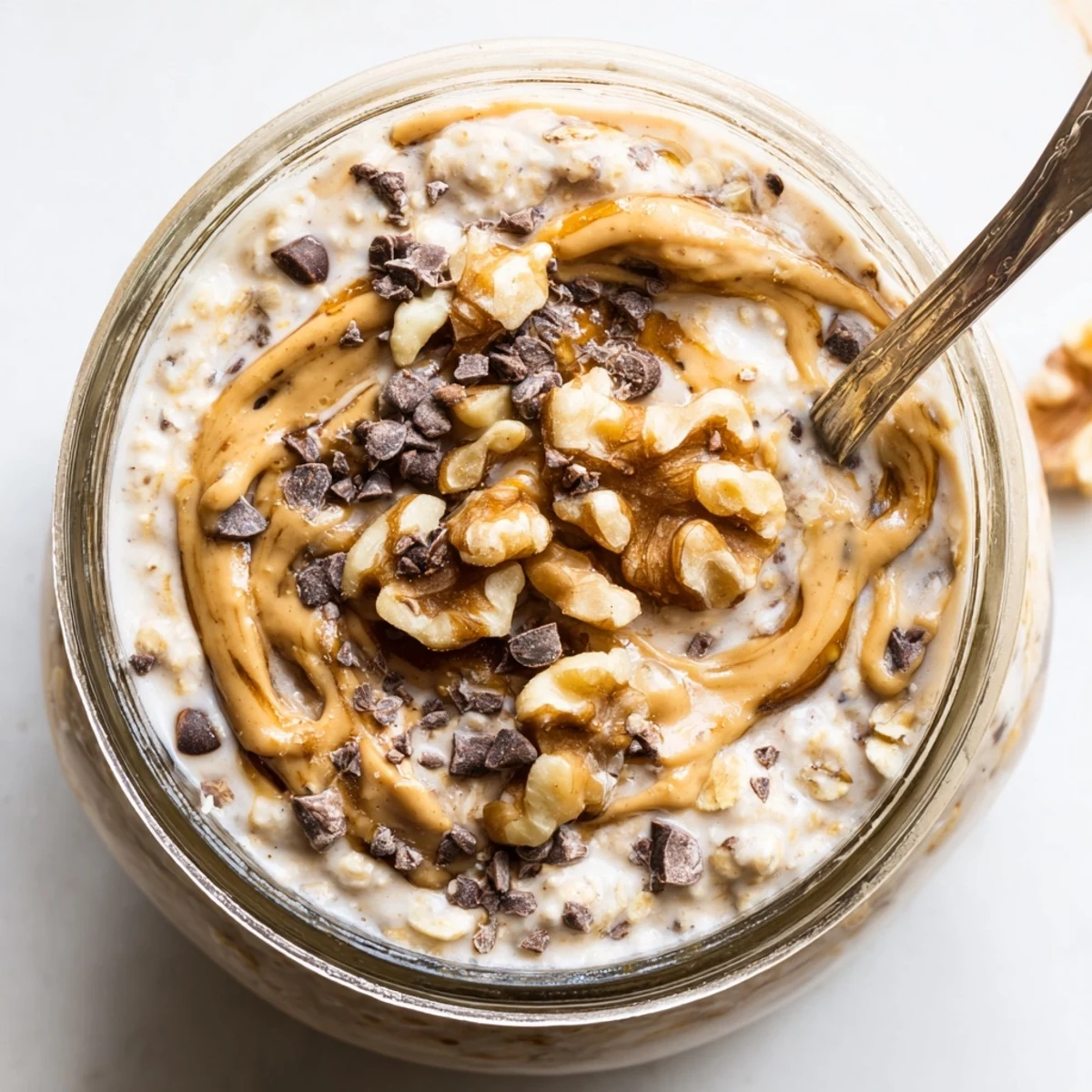 Creamy overnight oats topped with mini chocolate chips and a drizzle of nut butter in a jar. 