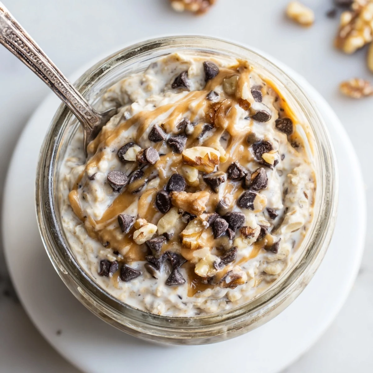 Close-up of chilled Cookie Dough Overnight Oats layered with walnuts and maple syrup for a hearty breakfast. 