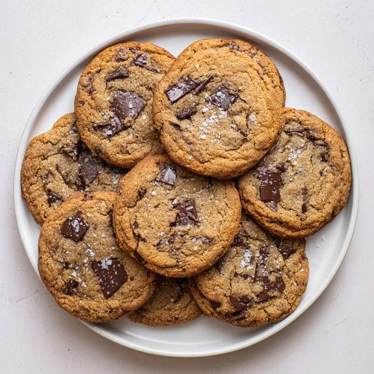 A close-up view of Miso Chocolate Chip Cookies with a chewy center and a sprinkle of flaky sea salt, ready to be enjoyed with milk.  