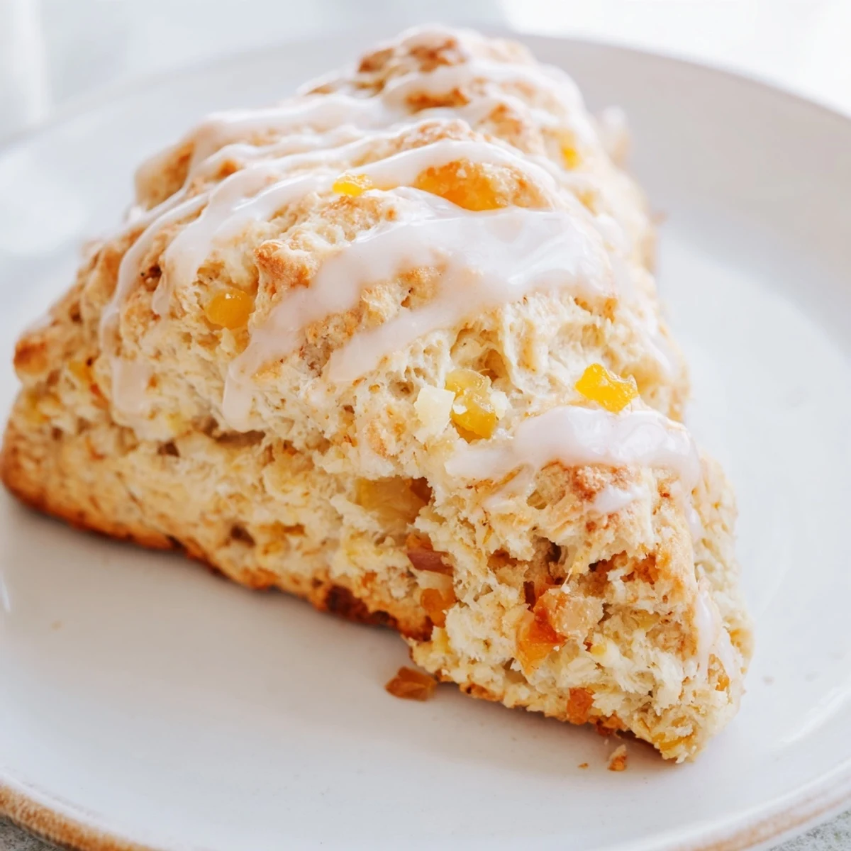 A close-up of Candied Ginger Orange Scones drizzled with glossy glaze on a rustic wooden board.