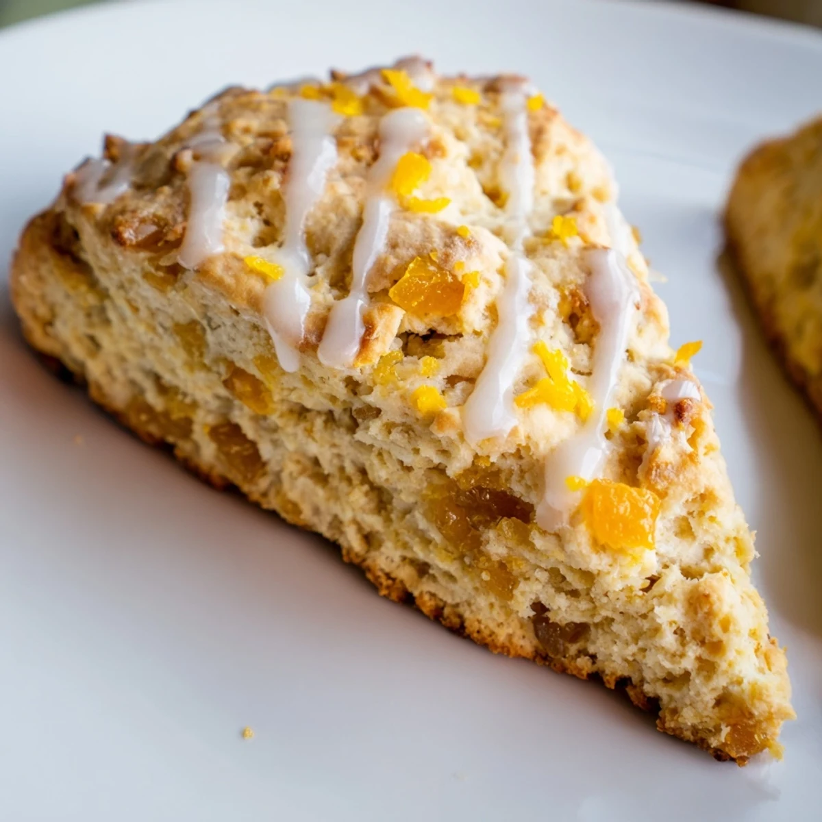 Freshly baked Candied Ginger Orange Scones served on a floral plate with orange slices and clotted cream.