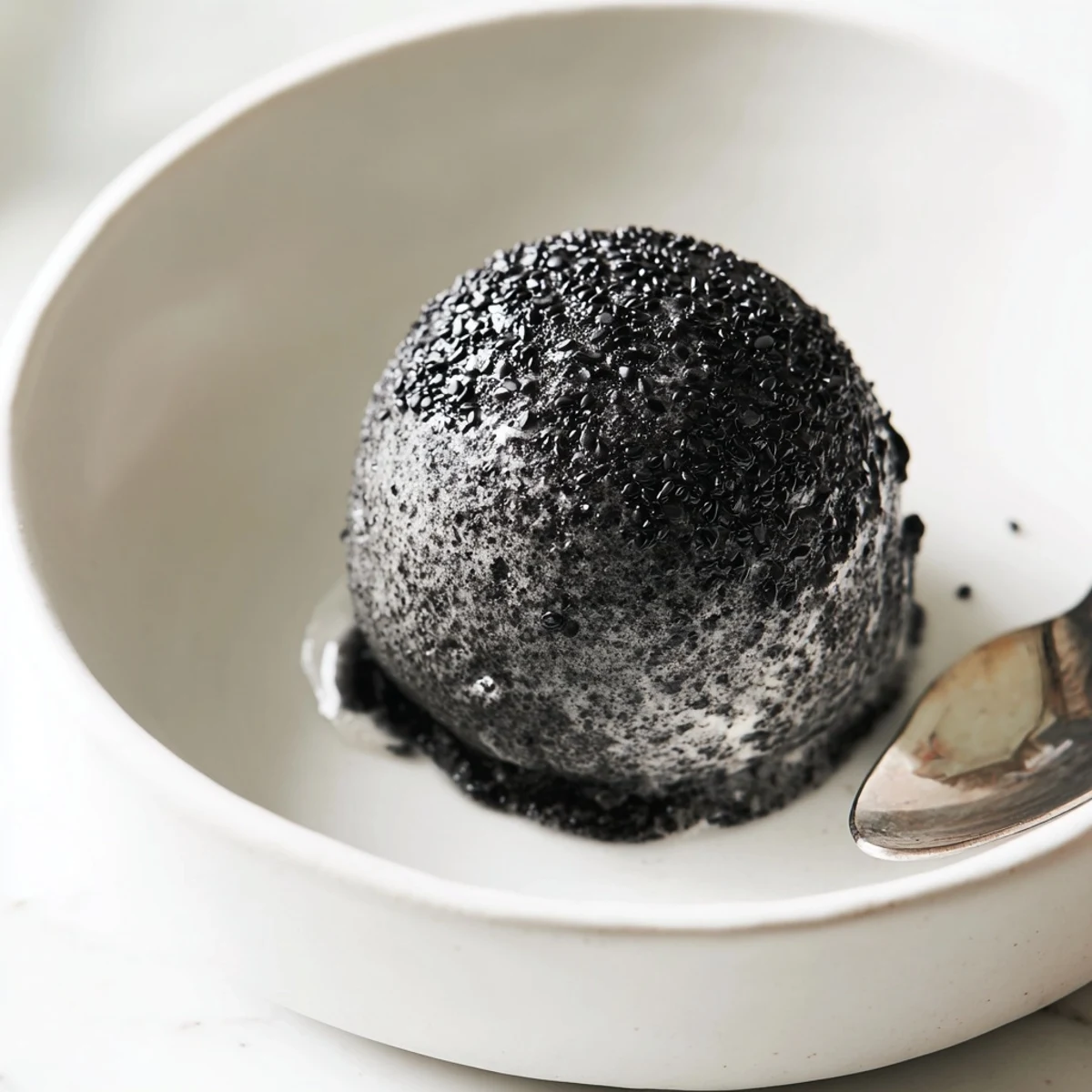 Close up on Toasted Black Sesame Ice Cream with a honey drizzle and a spoon resting beside a bowl for serving.