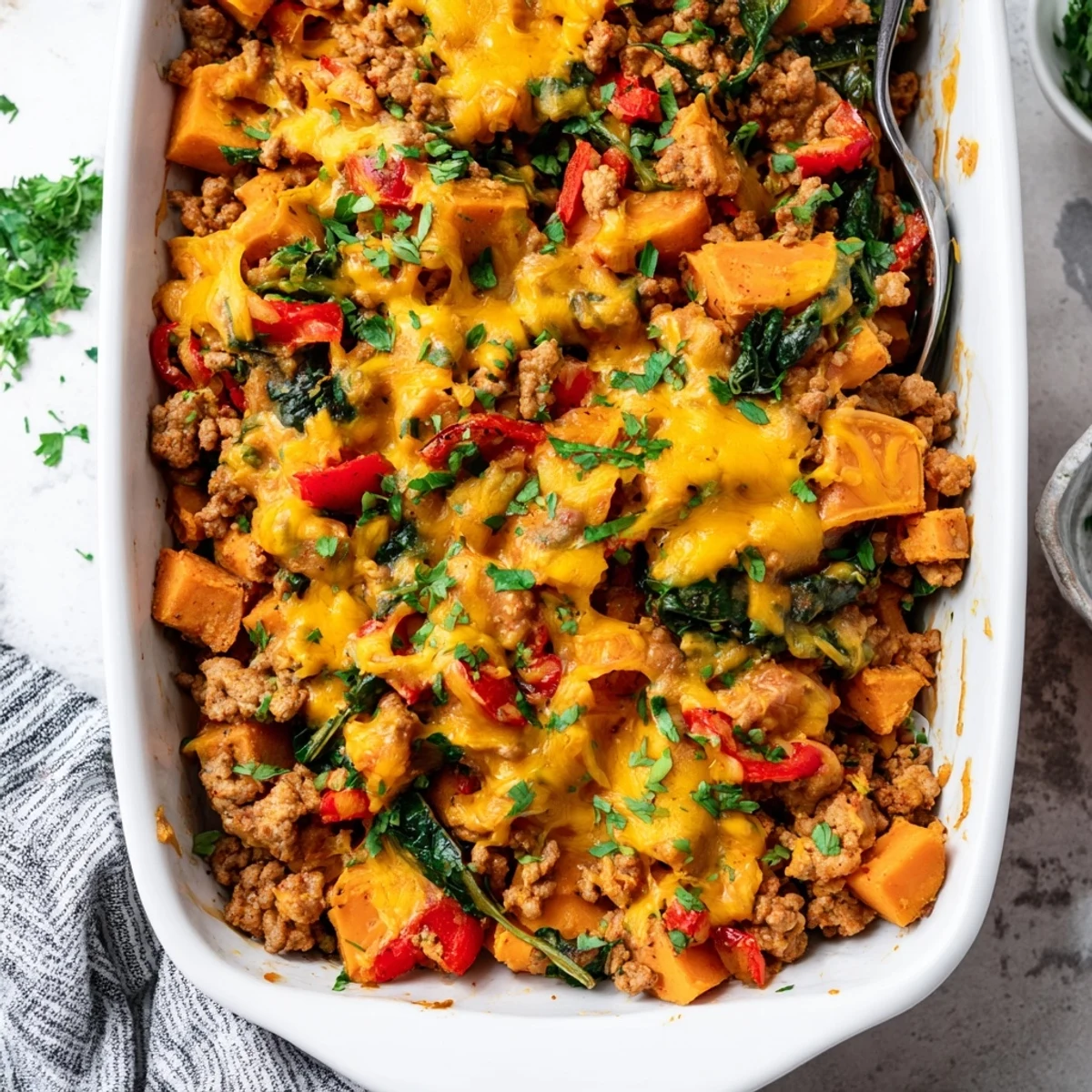Freshly baked Ground Turkey Sweet Potato Bake showing the hearty mixture of ground turkey, sweet potatoes, and spinach in a savory, aromatic sauce.