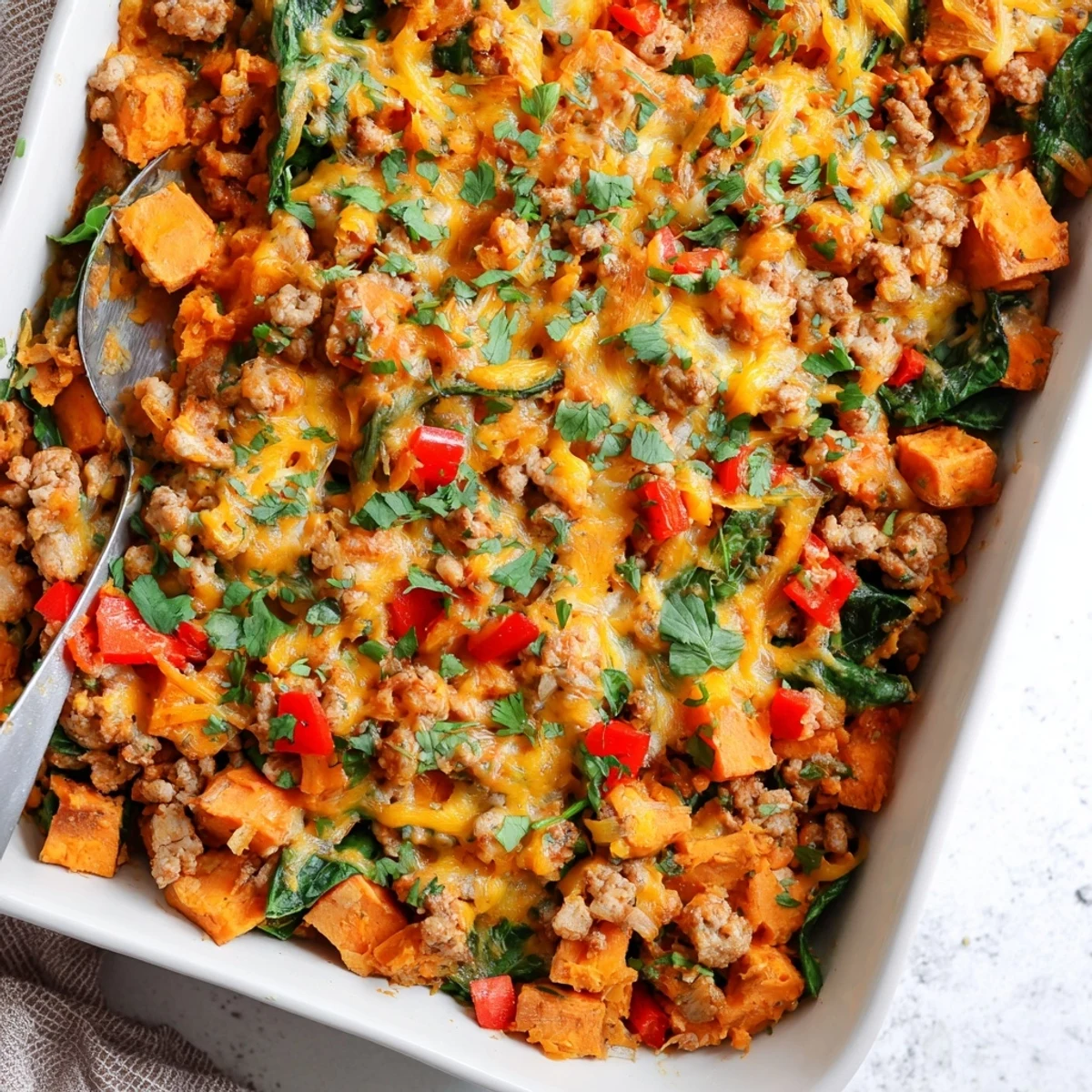 Savory Ground Turkey Sweet Potato Bake in a rustic casserole dish, garnished with fresh parsley and ready to serve alongside a simple green salad.