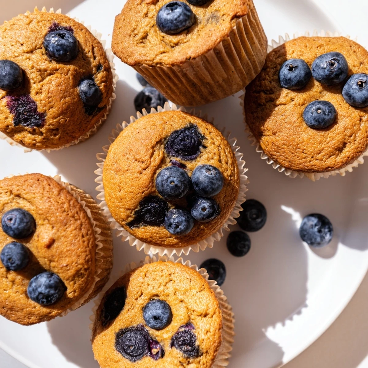 Moist Greek Yogurt Blueberry Protein Muffins topped with blueberries served on a wooden board.