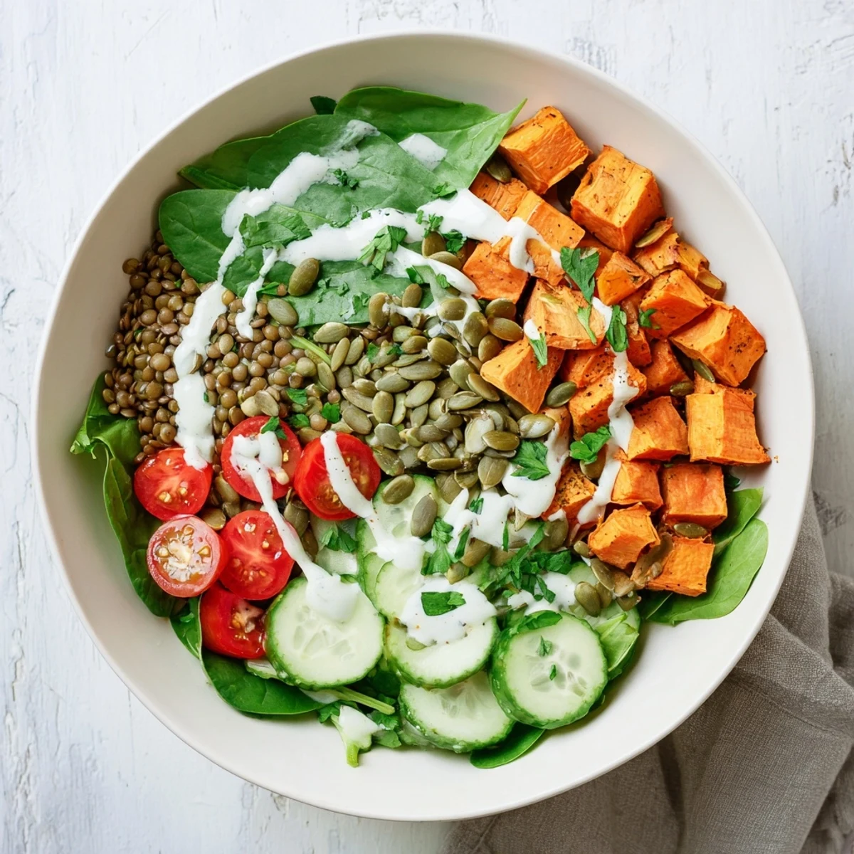 Roasted sweet potatoes and lentils in the Healthy Lunch Sweet Potato Lentil Bowl topped with cherry tomatoes and a creamy tahini drizzle.