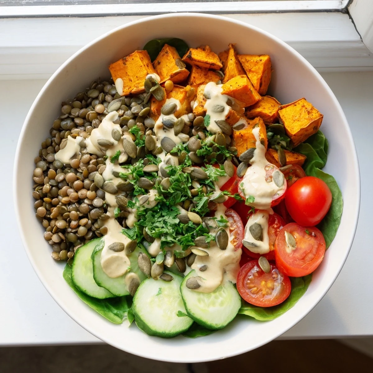 A close-up of the Healthy Lunch Sweet Potato Lentil Bowl showing crisp cucumber, fresh spinach, and toasted pumpkin seeds for added crunch.