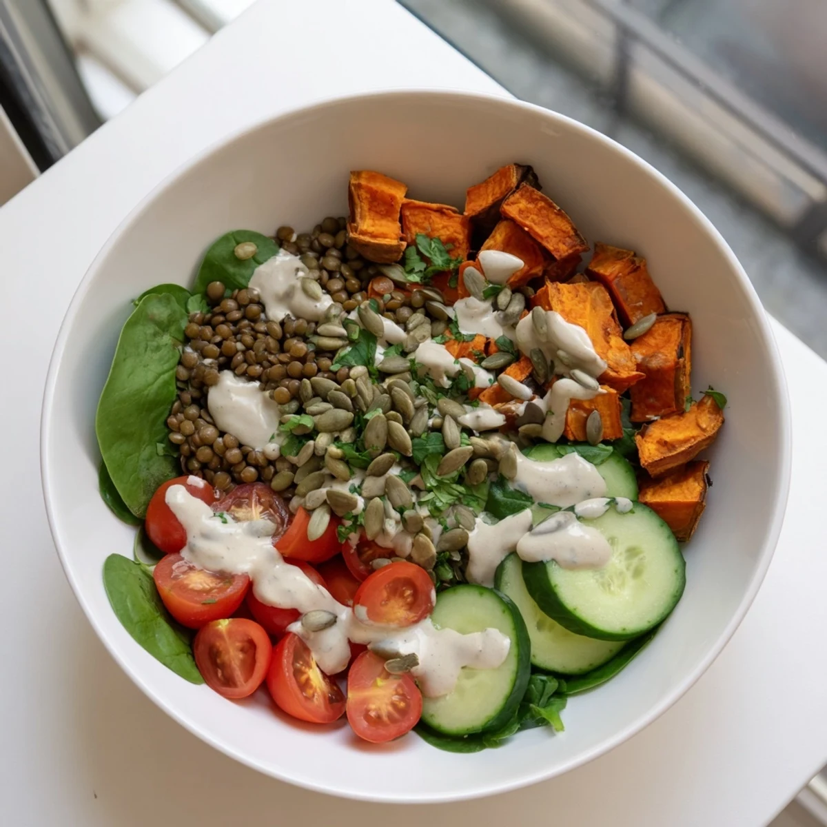 Overhead view of the Healthy Lunch Sweet Potato Lentil Bowl served with vibrant vegetables and a generous swirl of zesty tahini dressing.
