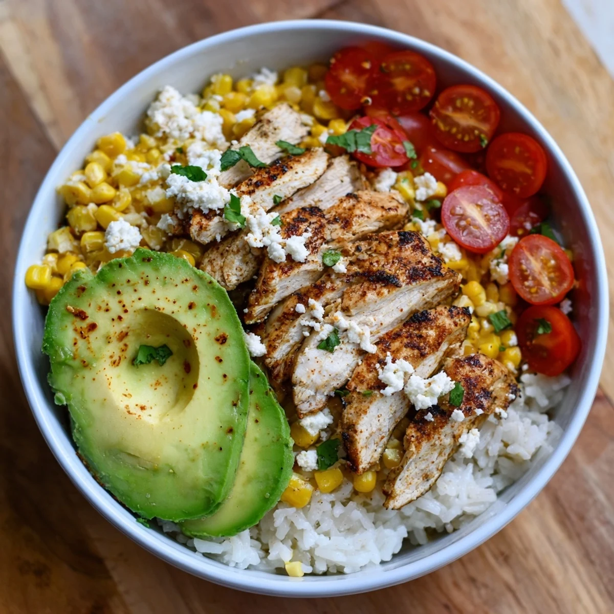 A close-up of Street Corn Chicken Rice Bowl with grilled chicken, creamy avocado, and charred corn.