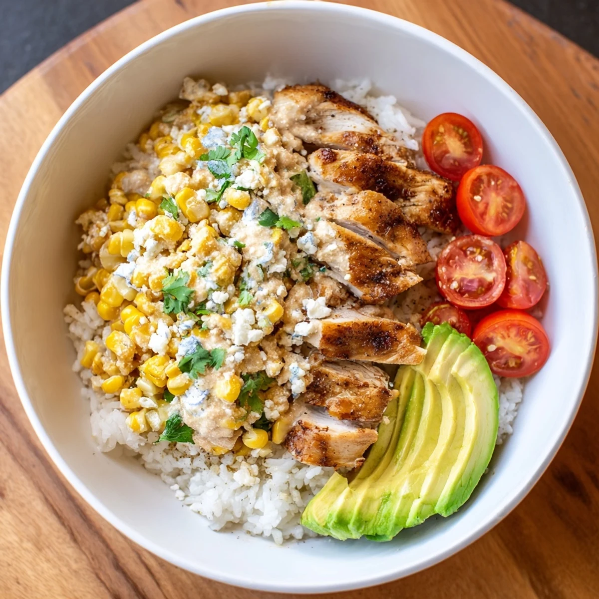 Street Corn Chicken Rice Bowl presented in a rustic bowl with lime wedges and fresh cilantro garnish.