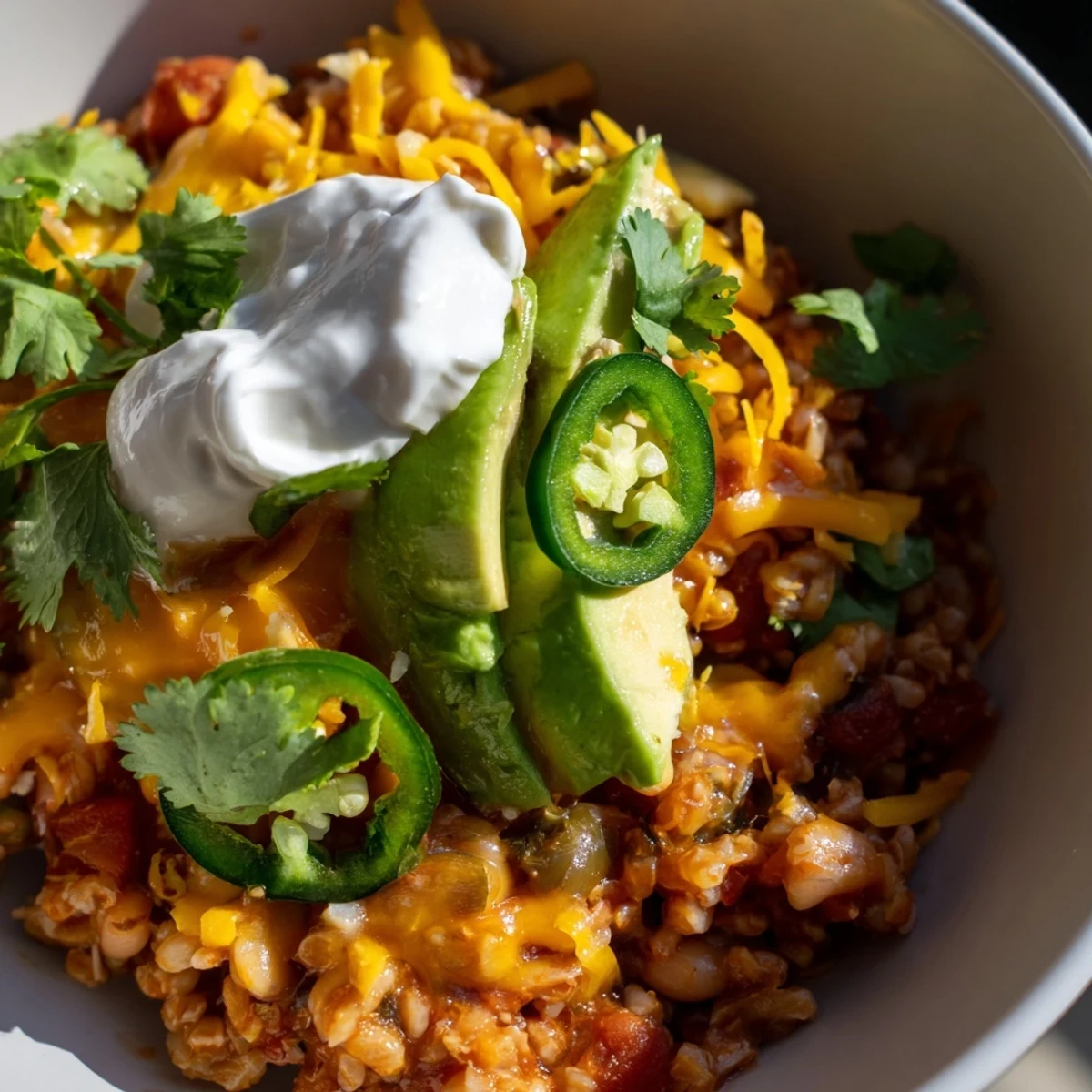 A hearty Southwest Spice Green Chile Bowl topped with cilantro, lime, and jalapeños for a zesty finish.