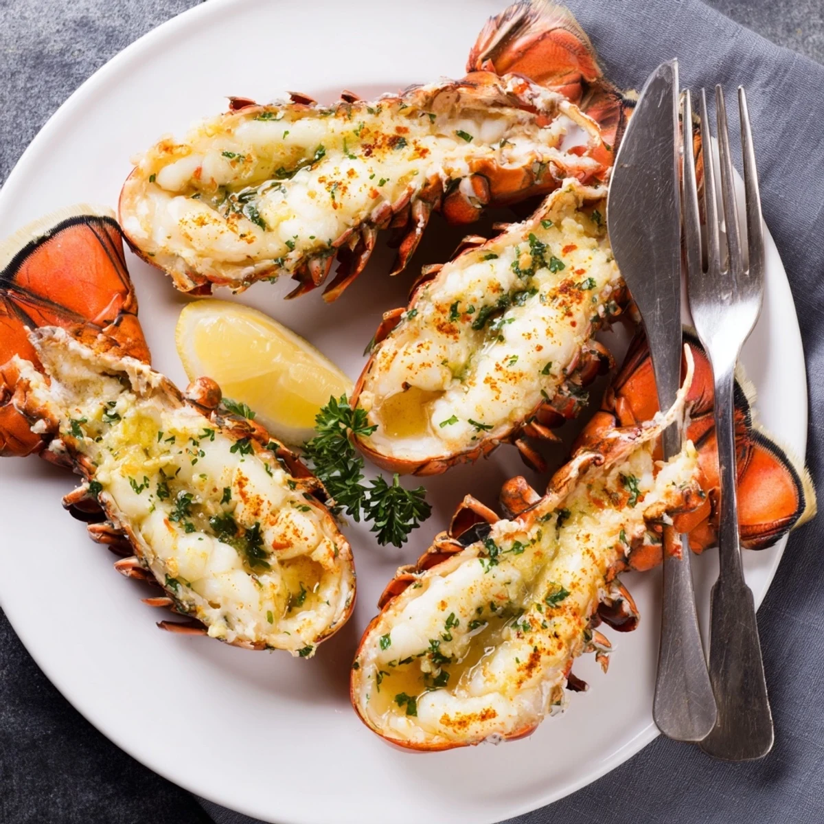 Plump Easy Baked Lobster Tails rest on a baking sheet, brushed with golden garlic butter and garnished with fresh parsley.