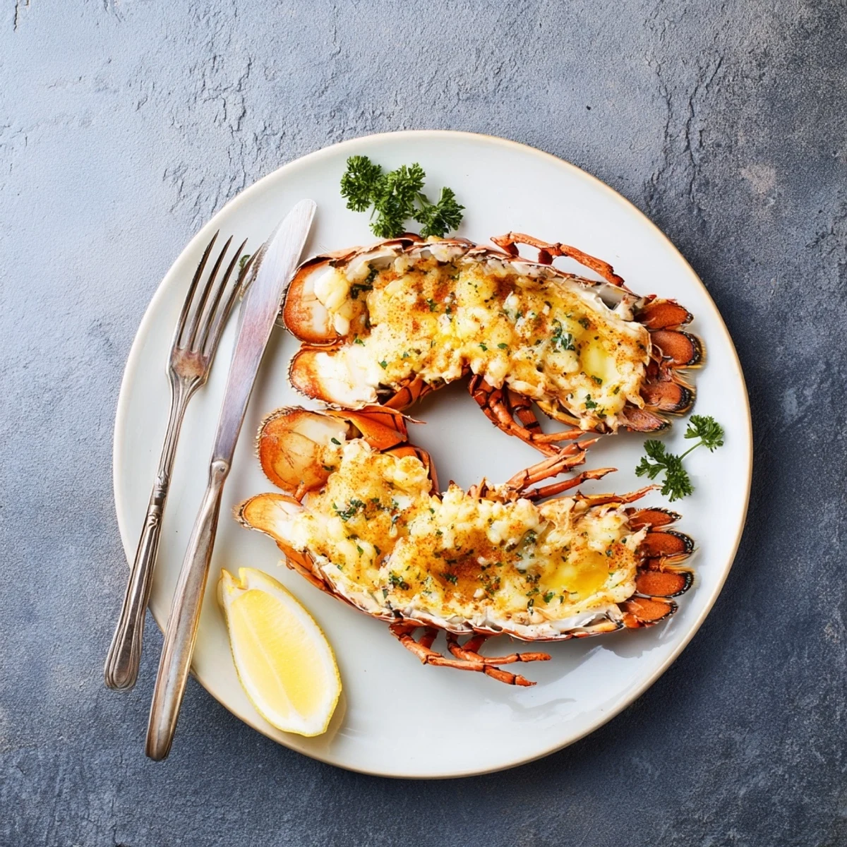 Freshly baked Easy Baked Lobster Tails feature a rich butter glaze, paired with green salad for an elegant dinner.