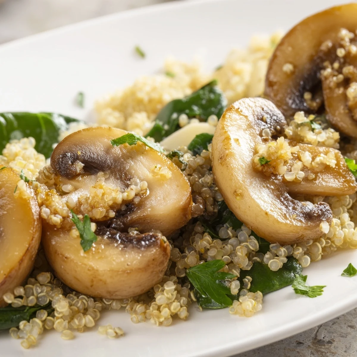 Savory Garlicky Mushroom Quinoa served steaming in a white bowl, topped with fresh parsley and grated Parmesan for a comforting vegetarian dinner.
