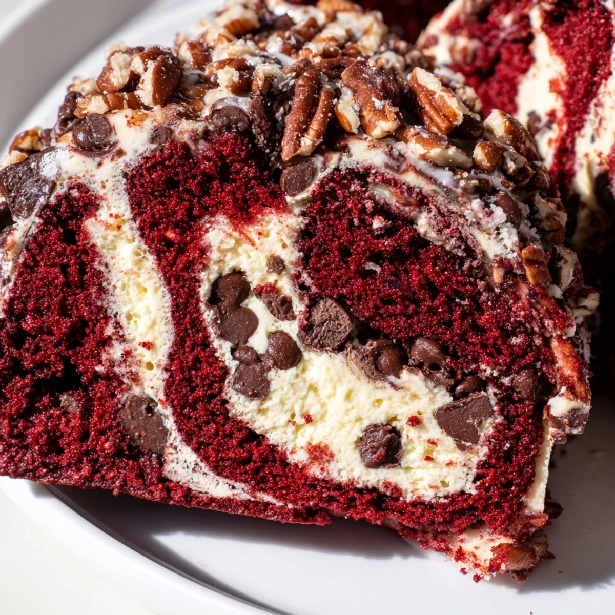 A slice of rich Red Velvet Earthquake Cake shows a marbled swirl of cream cheese and deep red velvet layers.