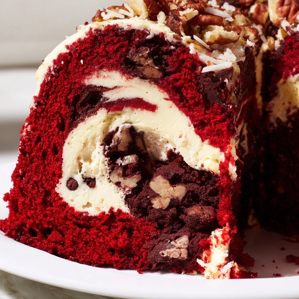 Freshly baked Red Velvet Earthquake Cake in a glass dish, topped with chocolate chips and gooey cream cheese pockets.