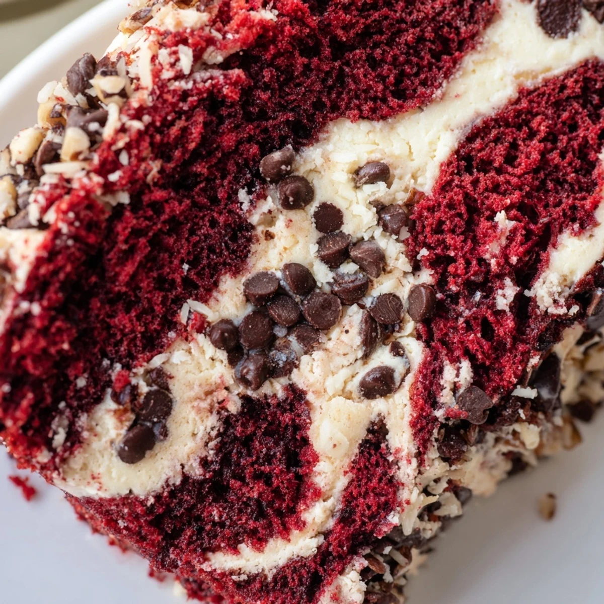 Moist Red Velvet Earthquake Cake served warm on a dessert plate, perfect with a glass of cold milk.