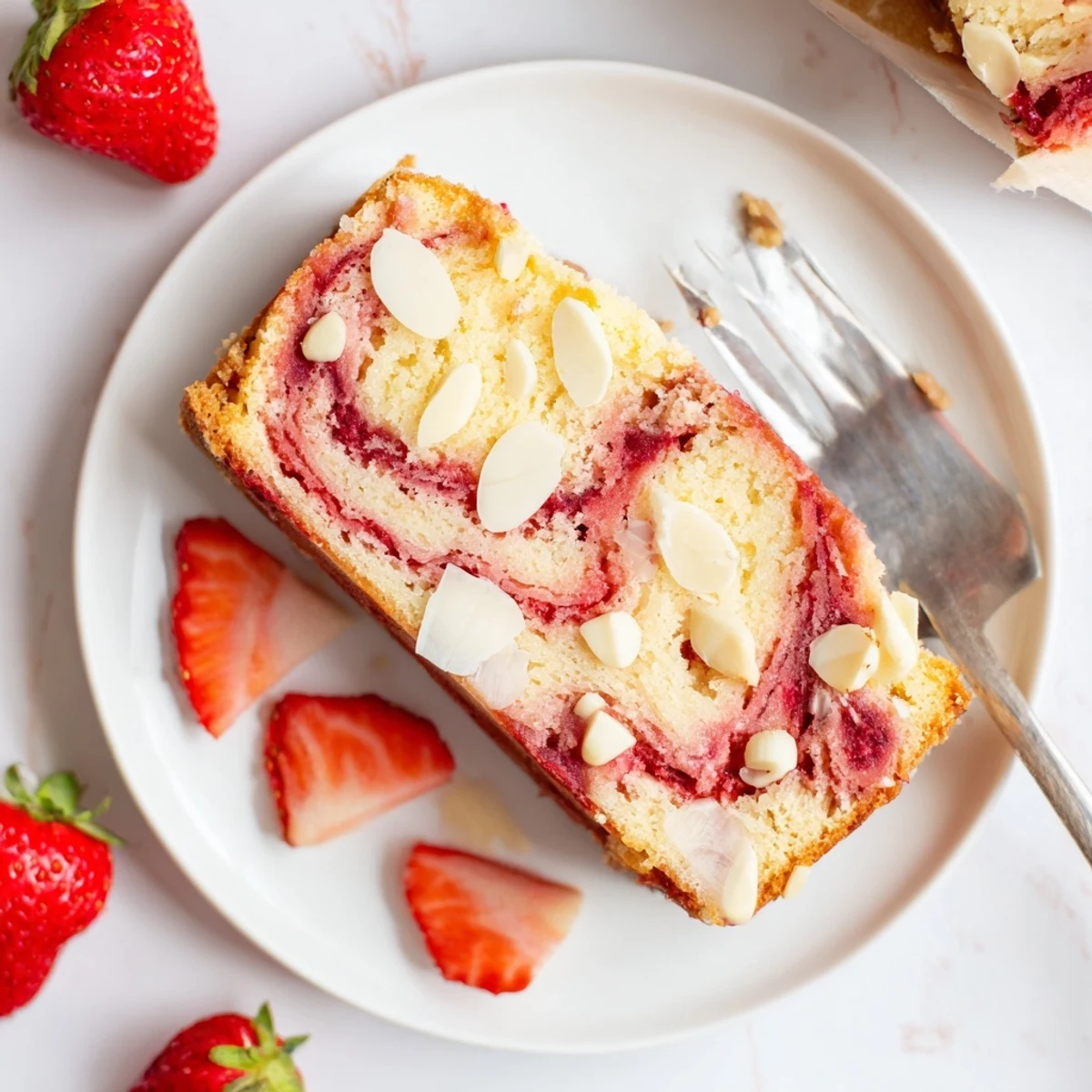 A slice of Irresistible Strawberry Earthquake Cake That Steals The Show rests on a white plate, revealing pink swirls and creamy cheesecake ribbons. A fork nearby hints at its soft, moist texture and sweet vanilla aroma, perfect for sharing.