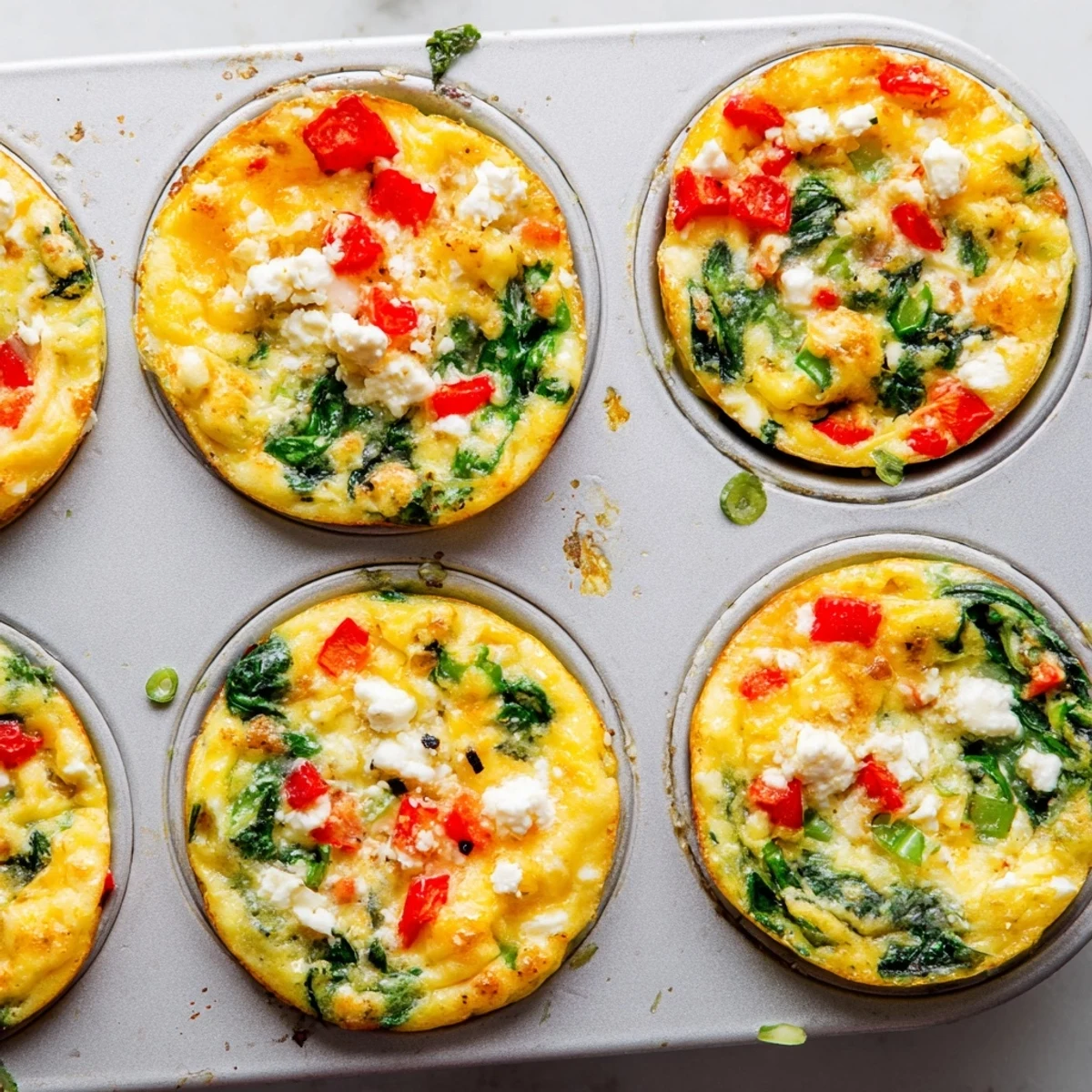 Fluffy Egg Muffins with Spinach and Feta baked to golden perfection in a muffin tin, perfect for a quick breakfast.