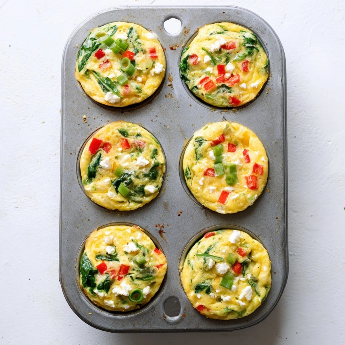 Freshly baked Egg Muffins with Spinach and Feta on a rustic plate, revealing creamy feta and vibrant green spinach.