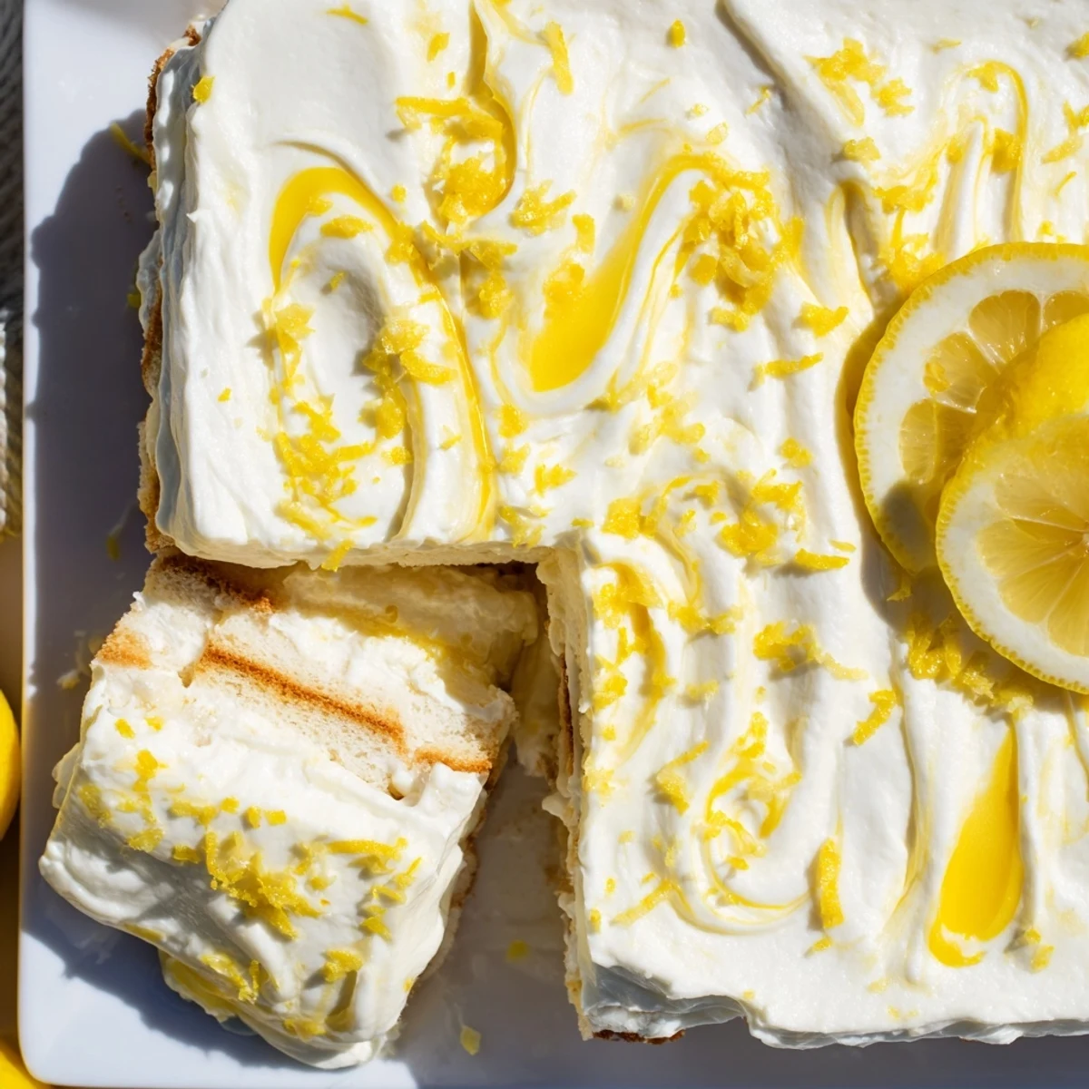 A close-up of bright Lemon Limoncello Italian Tiramisu layered with creamy mascarpone and zesty lemon curd.