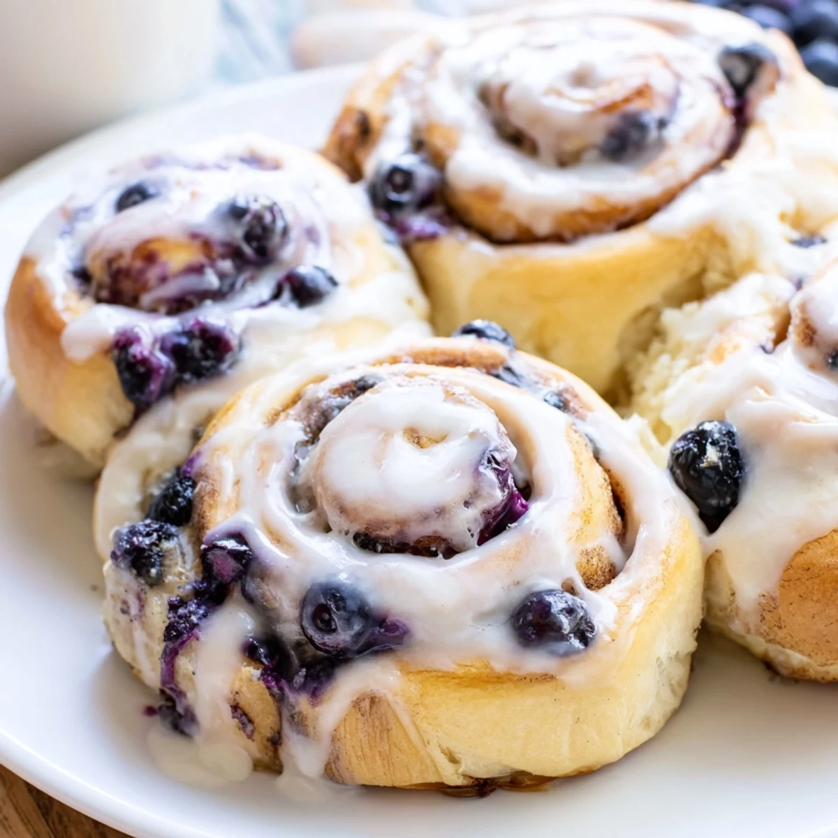 Freshly baked Blueberry Cinnamon Rolls drizzled with creamy vanilla glaze on a rustic wooden board.