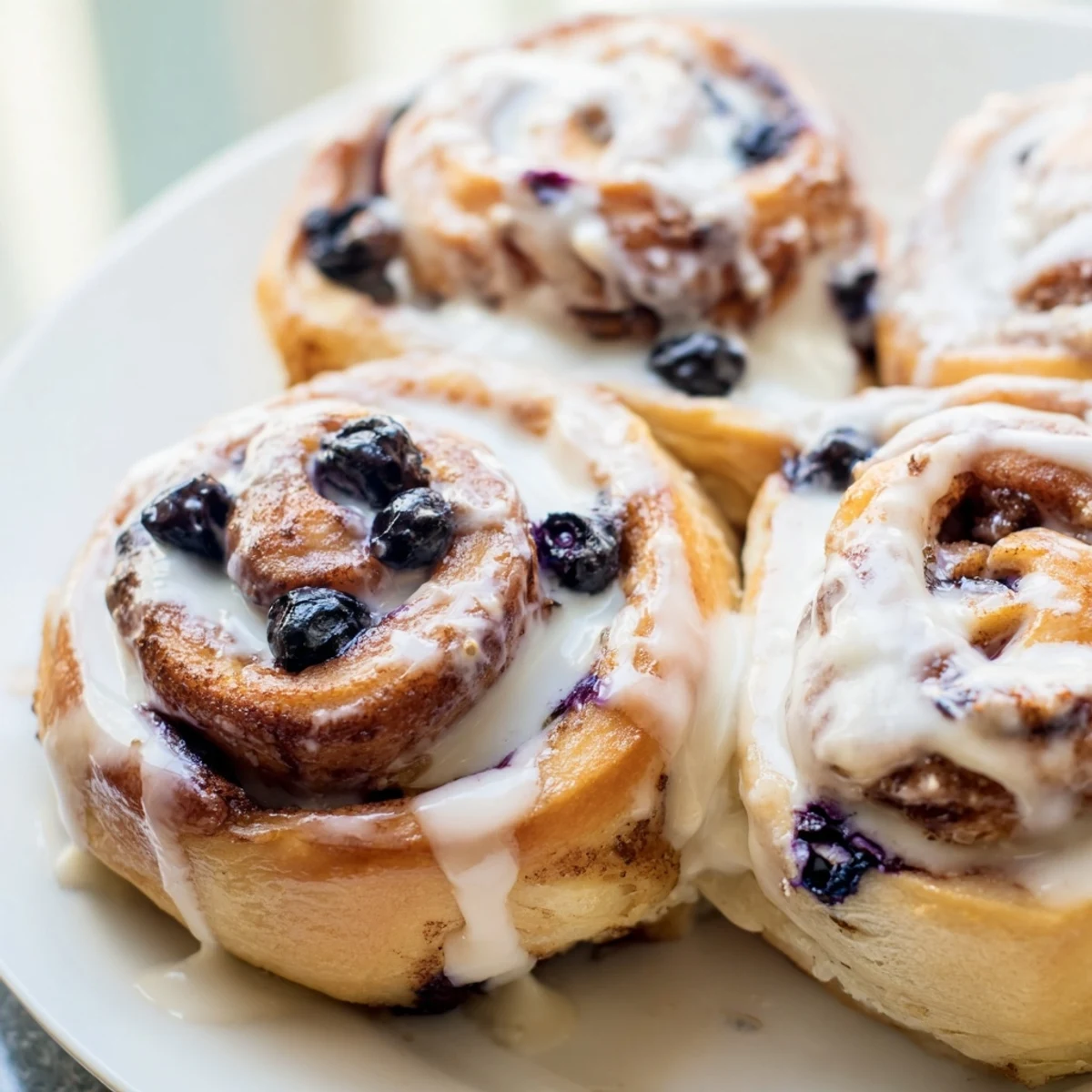 Gooey Blueberry Cinnamon Rolls served with a side of coffee, perfect for a cozy American breakfast.