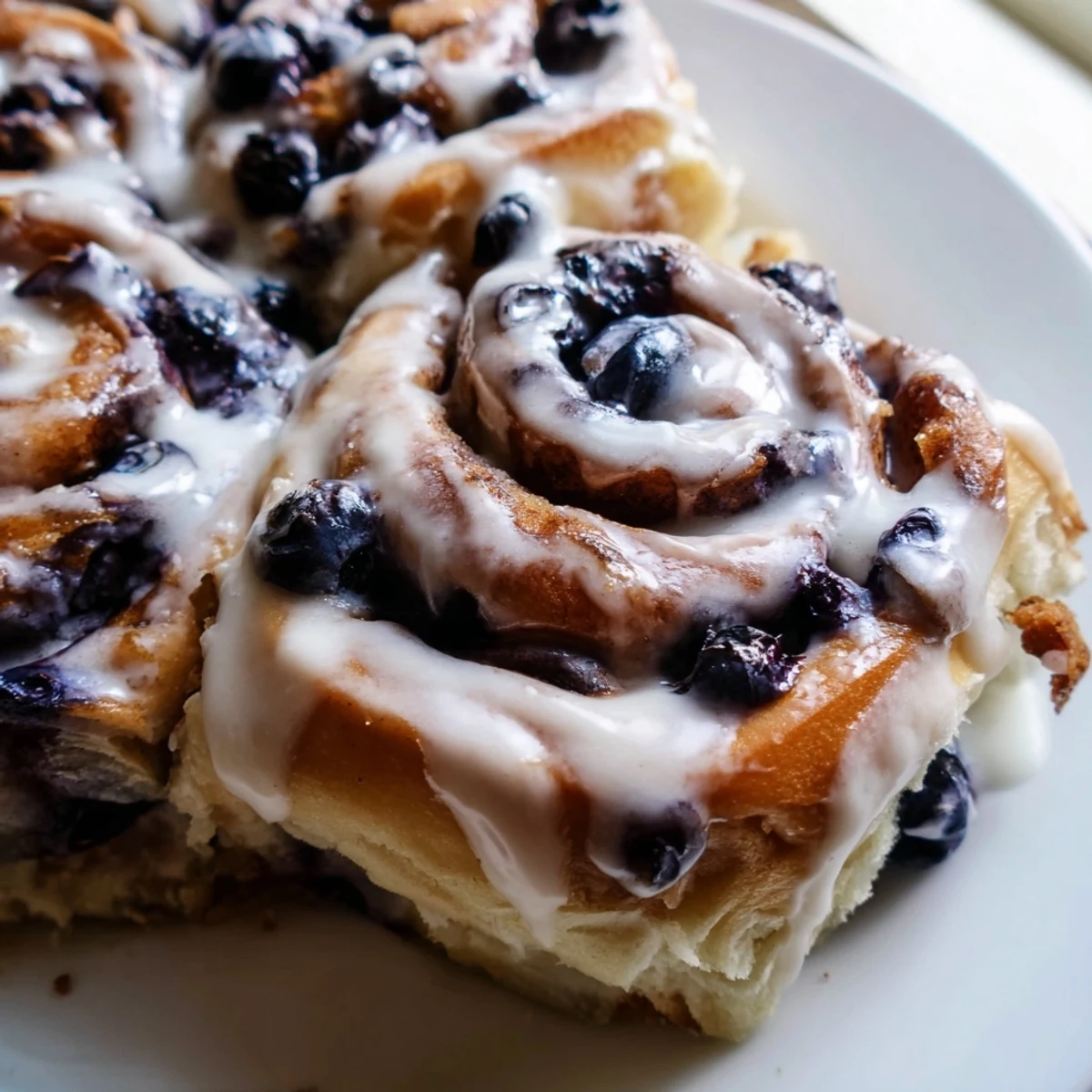 Warm Blueberry Cinnamon Rolls stacked on a plate, bursting with juicy blueberries and sweet cinnamon swirls.