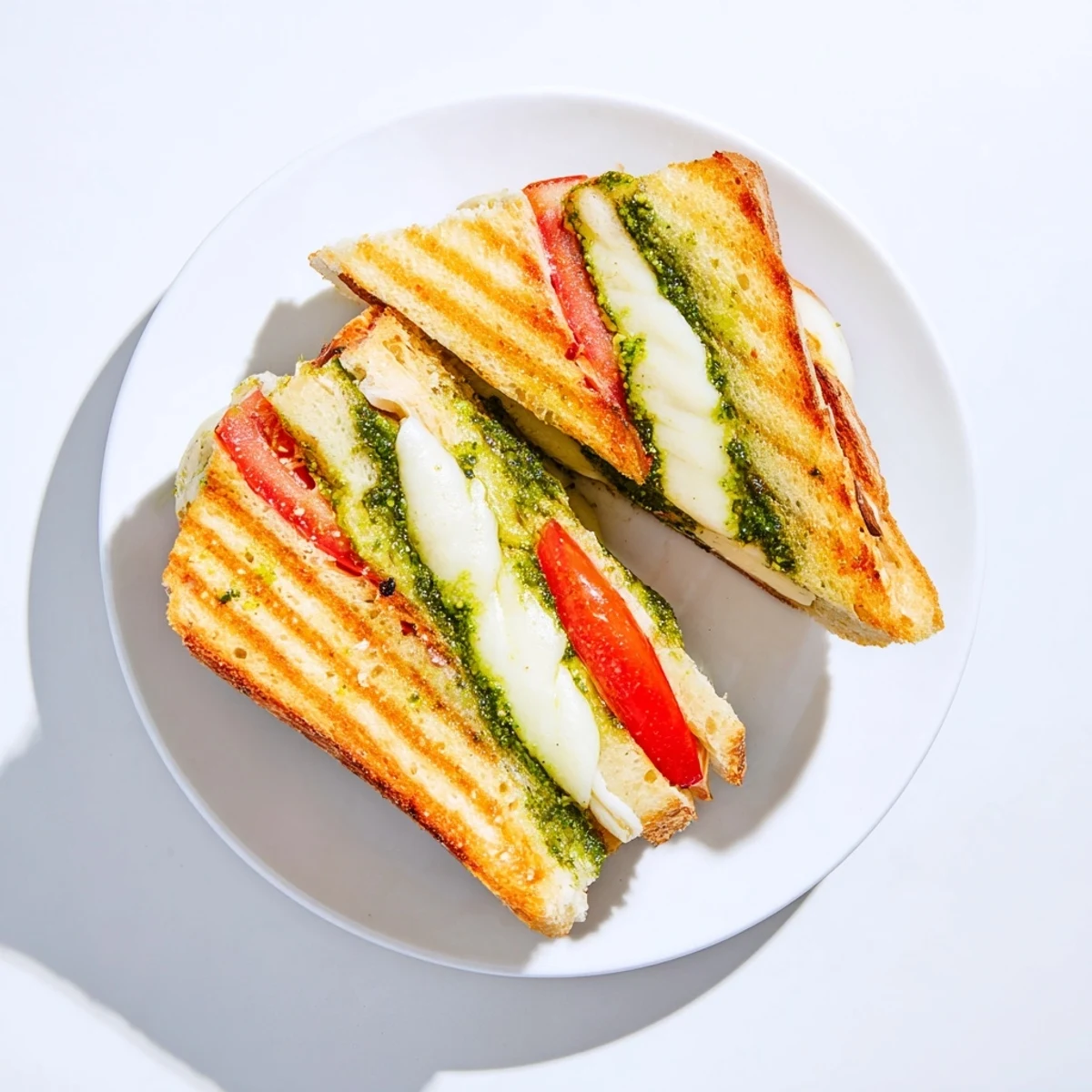 Crispy sourdough bread stuffed with melted mozzarella and basil pesto, a vegetarian Italian-American grilled cheese sandwich perfect for lunch.