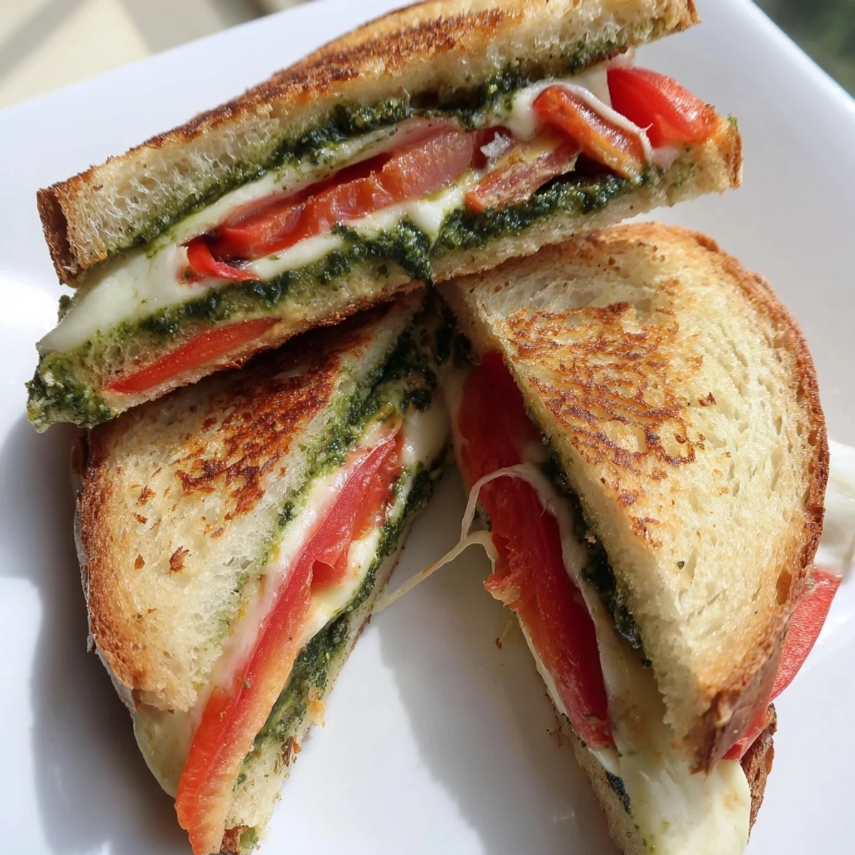 This Best Pesto Grilled Cheese is prepared in a nonstick skillet with a golden buttery crust and gooey cheese interior.