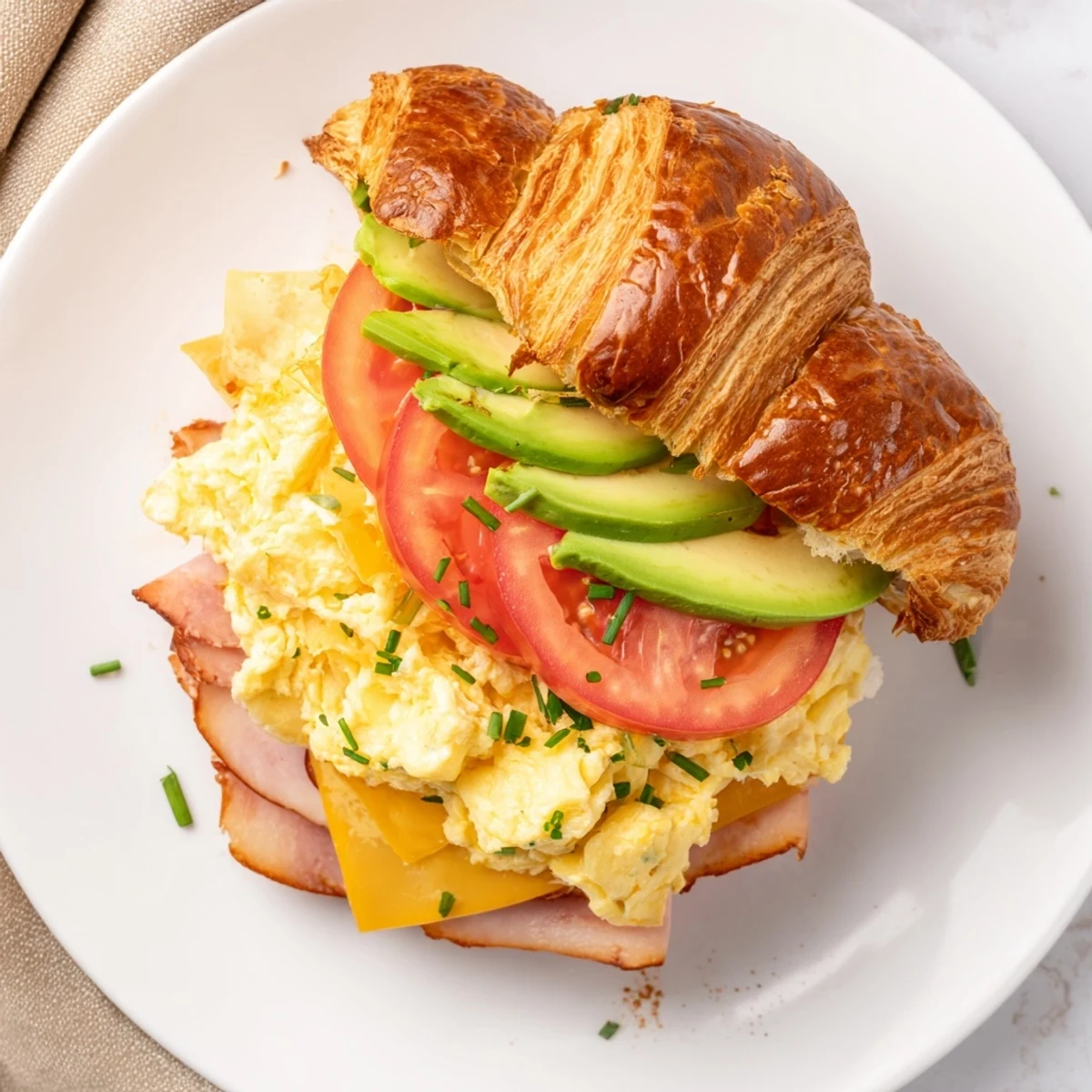 Golden-brown flaky croissant breakfast sandwich with melted cheese and ham, topped with fresh chives.