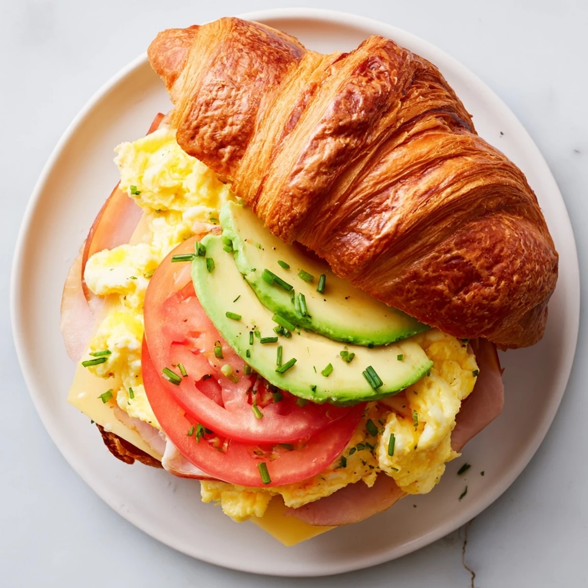 Morning flaky croissant breakfast sandwich served with tomato and a steaming cup of coffee nearby.