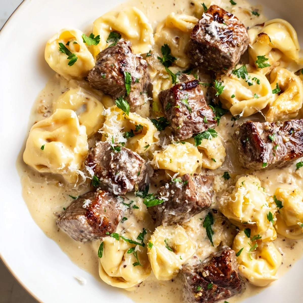 Golden seared steak bites and cheesy tortellini rest in a glossy, rich garlic cream sauce, garnished with fresh parsley. 
