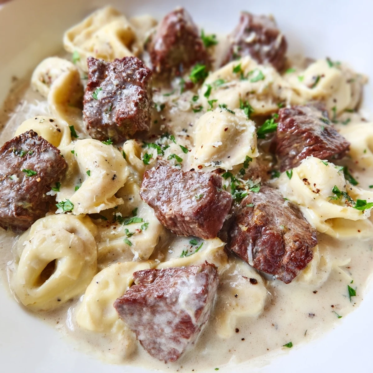 Steak and cheese tortellini shine in a creamy garlic sauce in a rustic skillet, ready to be served with grated Parmesan. 